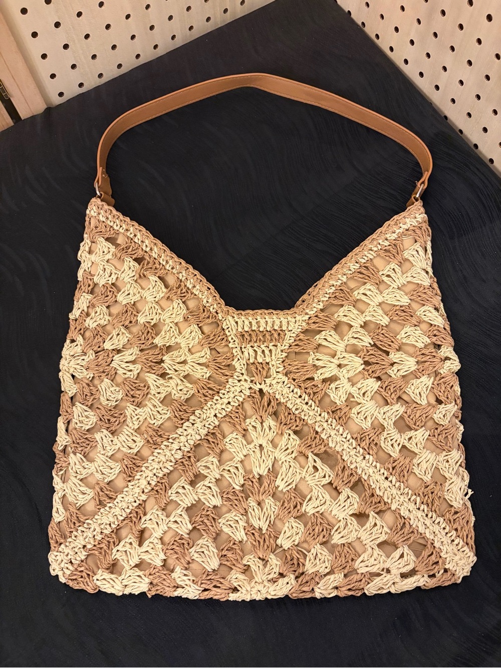 Handmade Two-Tone Crochet Shoulder Bag - Beige & Tan